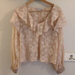 Zara Jacquard Blush Pastel Blouse Sz Med Romantic Coquette Soft Grl Ruffle Flora